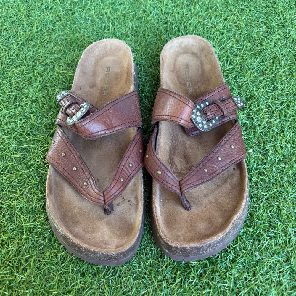 Roper Womens Brown Leather Rhinestone Buckle Thong Sandals Size 10 Cowgirl